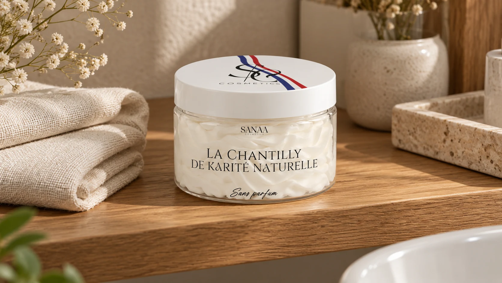 Pot de chantilly Sanaa Cosmetics fermé, rangé à l’abri du soleil