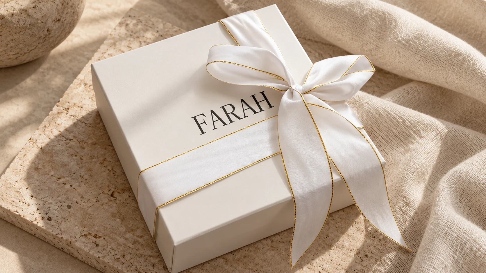 Coffret cadeau blanc personnalisé Farah avec son ruban aux liserés dorés
