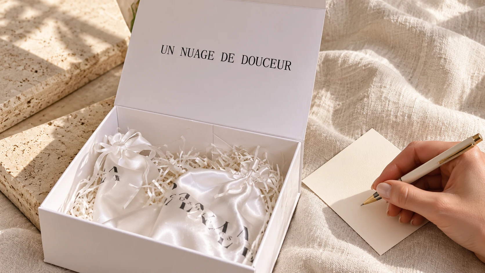 Message dans un coffret Sanaa Cosmetics ouvert et carte personnelle à écrire