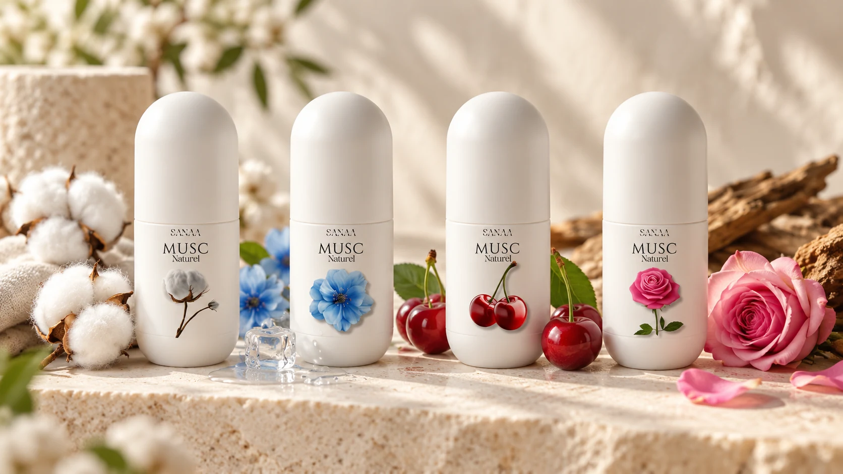 Les quatre muscs Sanaa Cosmetics : Fleur de coton, Fresh & Clean, Cerise et Oud