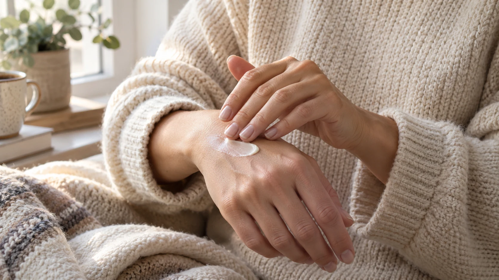 Application d’une petite quantité de crème sur la main, dans une routine d’hiver