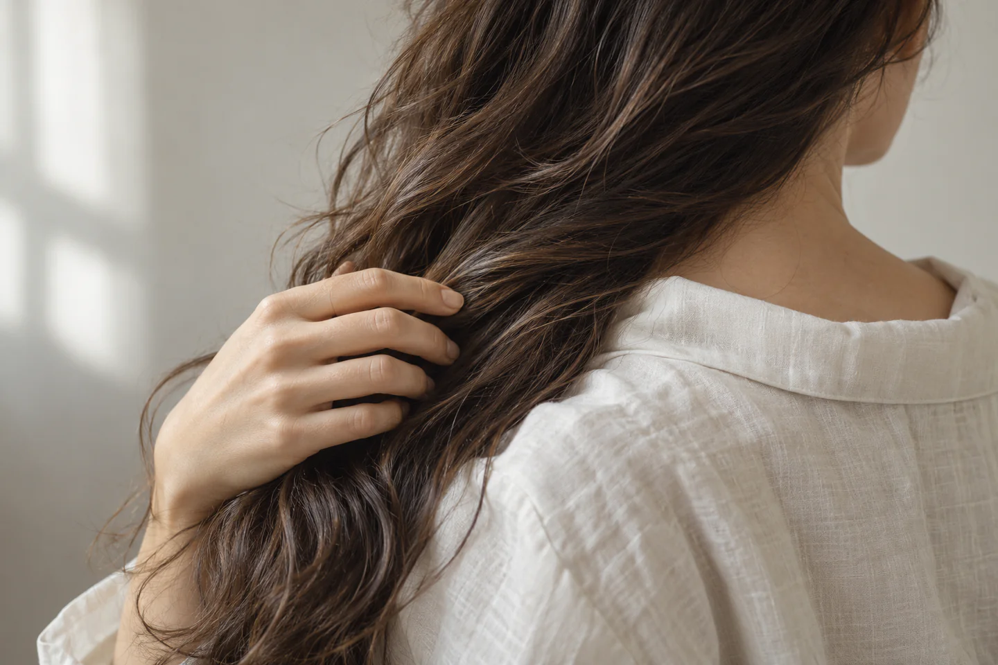 Une main passe délicatement dans les longueurs de cheveux bruns, sans résidu blanc