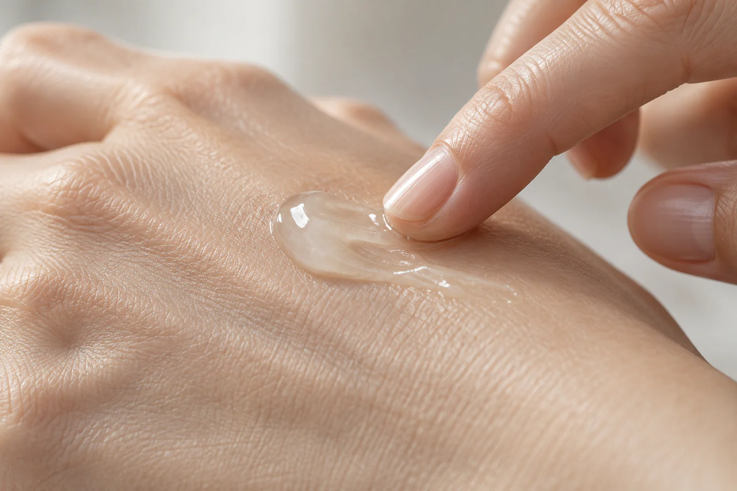 Détail d’un gel translucide au contact d’un doigt sur le dos de la main