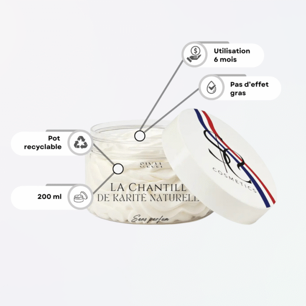 Chantilly de karité naturelle – format 200 ml recyclable Pot de 200 ml de chantilly de karité naturelle Sanaa Cosmetics, pot recyclable et texture non grasse