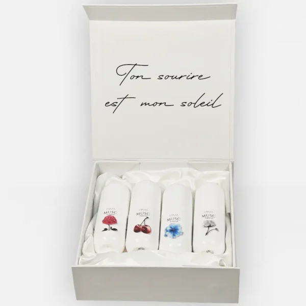 Coffret cadeau femme – sélection de soins naturels Intérieur du coffret cadeau femme avec soins bien‑être naturels personnalisables